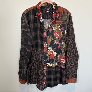 Johnny Was Workshop Women’s Mixed Print Cheetah Black Plaid Floral Button Up M